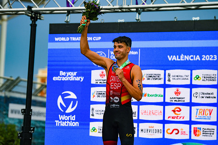 Race winner David Cantero Del Campo of Spain seen during the 2023 Triathlon World Cup in La Marina de Valencia.