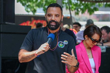 Pennsylvania State Representative Daid Madsen (D-Dauphin County) speaks at the 34th Pride Festival of Central PA in Harrisburg. The 34th Central PA Pride Festival was held at the Pennsylvania State Capitol Complex. The event featured a Pride parade, drag shows, food, and craft vendors.