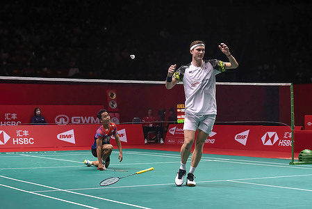 Viktor Axelsen of Denmark plays against Anthony Sinisuka Ginting of Indonesia during the Badminton Men's single Final match in the HSBC BWF World Tour Finals 2022 at Nimibutr Stadium. Viktor Axelsen won over Anthony Sinisuka Ginting 2-0 (21-13,21-14).