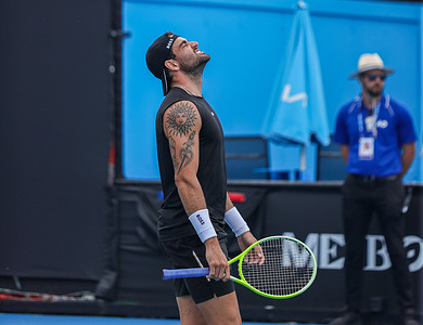 Matteo Berrettini seen in action during his training session. Matteo Berrettini Italian professional tennis player currently ranked 34th and narrowly missed out on being seeded at the Australian Open. His career high is 6th in the world back in 2022 and is on the track back to the world's top 20 after overcoming some injuries.