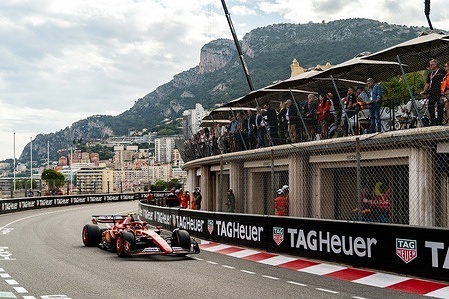 Scuderia Ferrari HP F1 team's Spanish driver Carlos Sainz (55) seen during the free practice two at the Monaco Grand Prix.