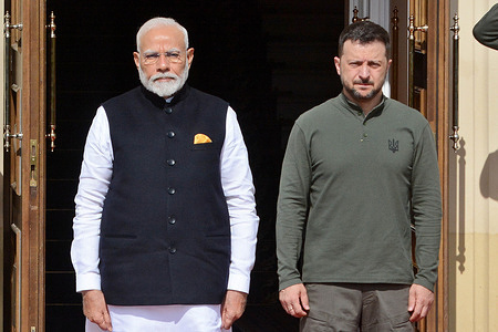 Prime Minister of India Narendra Modi (L) and President of Ukraine Volodymyr Zelenskyi (R) seen during the official meeting in Kyiv. Ukrainian President Volodymyr Zelensky met India's Prime Minister Narendra Modi. and it is the first visit of him in the war-torn country.