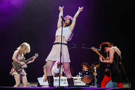 Emily Roberts (L), Abigail Morris (C), and Lizzie Mayland (R) of British indie rock band, Last Dinner Party, perform live on the 2nd day of Primavera Sound Music Festival held at the city park in Porto Portugal.