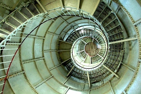 Spiral staircase inside the lighthouse. Lighthouse-keepers use this stairs to get to the top of the tower. they had never been changed. There are 152 step.
First Lighthouse in Georgia, small town Poti at the sea shore, had been constructed in London. 
In 1862, UK based Company Easton Amos & Sons Engineers completed the structure and the lighthouse was sent to Gerogia. 
In Poti, British engineers with help of locals erected the Lighthouse. In 1864 it was put into operation. Its height from bottom to roof makes 39,8m.
This is one of the oldest navigation facilities on the coast of the Black Sea, still operating to international standards