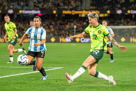 Michelle Heyman of the Matildas (right) seen in action during the friendly game between the Matildas and Argentina at Marvel Stadium. Final score: Australia 2 - 0 Argentina