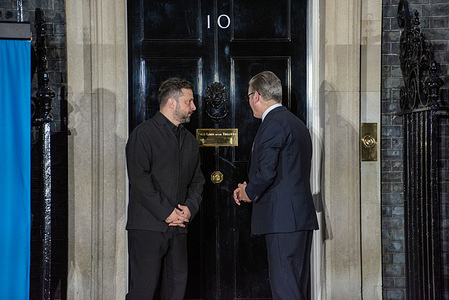 The Ukrainian President, Volodymyr Zelenskyy (L) and the British Prime Minister, Keir Starmer (R) return back to office at the Downing Street in London. Prime Minister of the United Kingdom, Keir Starmer hosted the President of Ukraine, Volodymyr Zelenskyy, the President of France, Emmanuel Macron and Chancellor of Germany, Friedrich Merz for talks in Downing Street to discuss further supports for Ukraine ongoing war against Russia.
