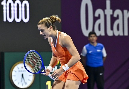 Maria Sakkari of Greece plays against Iga Swiatek of Poland during their quarterfinal match at the WTA Qatar TotalEnergies Open 2026 tennis tournament at the Khalifa International Tennis Complex. Maria Sakkari won against Iga Swiatek 2-6,6-4,7-5.  