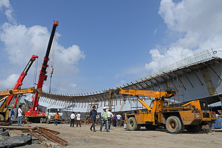 View of an under-construction bridge collapsed at MTNL Junction at Bandra-Kurla Complex in Bandra east, Mumbai.
At least thirteen people were injured after part of an under-construction bridge collapsed at MTNL Junction at Bandra-Kurla Complex in Bandra east early Friday morning. According to BMC’s Disaster Management Cell, the incident took place around 4.30 am when a huge portion of bridge collapsed.