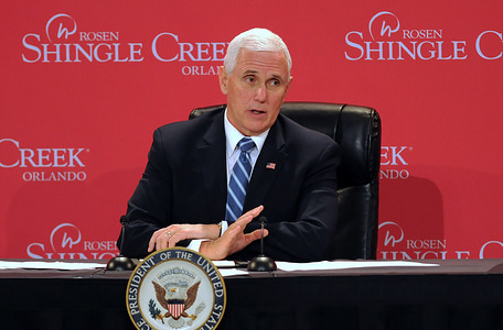 U.S. Vice President Mike Pence participates in a roundtable discussion with Florida Gov. Ron DeSantis and hospitality and tourism industry leaders to discuss Florida's phased economic reopening during the coronavirus pandemic.