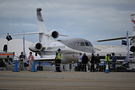 2000 DASSAULT- AVIATION FALCON 900EX commercial charter aircraft is seen on display at Defence and Aerospace Expo. From March 25th to 28th, Avalon Airport hosted the Defence and Aerospace Expo and Congress, held as the corporate segment of the Avalon Airshow. The event featured displays from both Australian and international companies in the defence and aerospace industries.