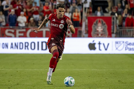 Theo Corbeanu #7 (L) seen in action during the MLS game between Toronto FC and Portland Timbers at BMO field. The game ended 3-0 for Toronto FC.