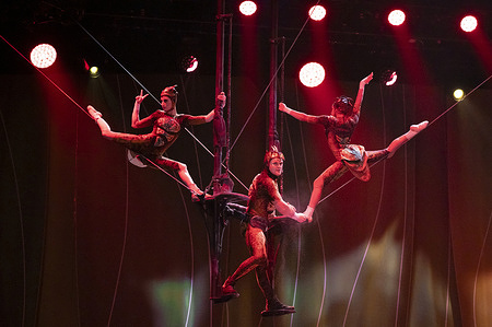 (FOR EDITORIAL USE ONLY) Artists perform during the Cirque Du Soleil OVO show at the Movistar Arena in Madrid, March 19, 2026 in Spain.