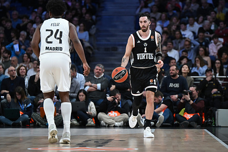 Luca Vildoza of Virtus Bologna during the EuroLeague match between Real Madrid and Virtus Bologna at Movistar Arena Victory of Real Madrid 92 - 84