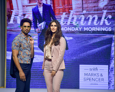 Actor Shahid Kapoor and Vaani Kapoor are seen showcasing the new collection of Marks & Spencer's Spring Summer 2019 design during the fashion show at the hotel ITC Maratha in Mumbai.