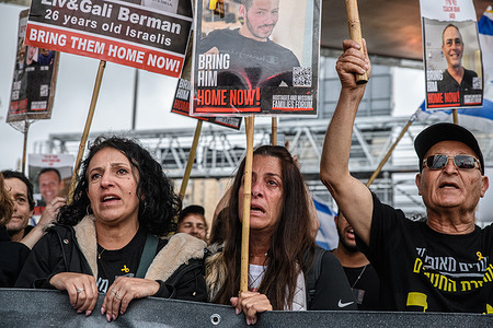 Parents of Israeli hostages chant slogans as they wave posters with the photos of their children held in Hamas captivity. Families of the 134 Israeli hostages march to Jerusalem carrying the photos of their dear ones held in Hamas captivity for 148 days in the Gaza strip. Thousands of Israelis in their four days protest march from the Nova party site to a ceremony in Jerusalem, as discussions over a ceasefire and hostages deal are taking place.