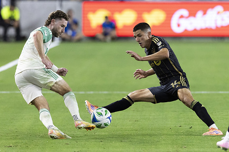 Los Angeles FC’s Sergi Palencia (14) and Austin FC’s Jon Gallagher (17) seen in action during MLS Cup Playoffs game at Q2 Stadium. Final score Los Angeles FC 2 : 1 Austin FC