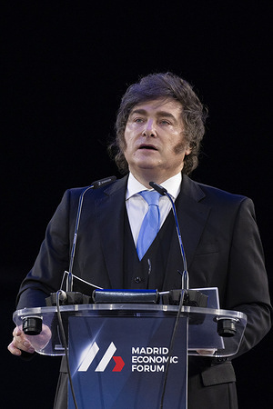 The President of Argentina Javier Milei, seen during the closing ceremony of the Madrid Economic Forum, at the Palacio de Vistalegre.