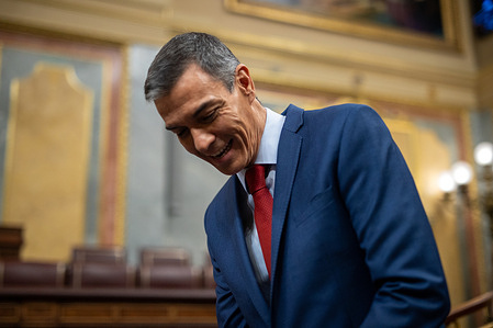 Pedro Sanchez, President of the Spanish Government, attends the plenary session of the Congress of Deputies and answers questions during the parliamentary oversight session of the Government.