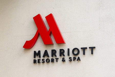 A view of an american multinational hospitality company Marriott resort and spa logo.