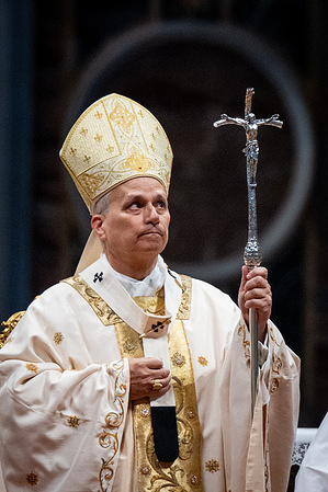 Pope Leo XIV leaves at the end of the Chrism Mass for Holy Thursday in St. Peter's Basilica.