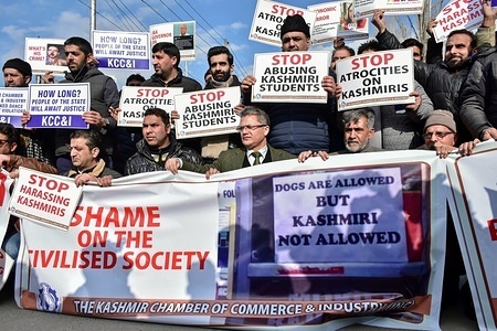Members of the Kashmir Chamber of Commerce & Industries (KCCI) are seen holding placards and banners during the protest in Srinagar.
Protests broke out in Srinagar against the many attacks on Kashmiri's in Jammu and other parts of the country following the militant attack on a paramilitary Central Reserve Police Force (CRPF) convoy in south Kashmir killing 40 troopers on Feb 14.