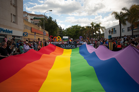 A large gay pride flag is waved by people as they take part in the Pride LGTB Torremolinos 2018. Torremolinos celebrates this week the LGBT Pride 2018 under the slogan: "Fifty years being visible", which commemorates the fight of the gays, lesbians, transgender, bisexuals and intersexuals for their rights.