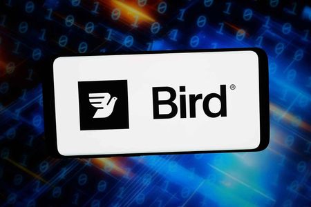 In this photo illustration, the logo of Dutch communications company Bird B.V. is displayed on a smartphone in front of abstract background on computer screen.