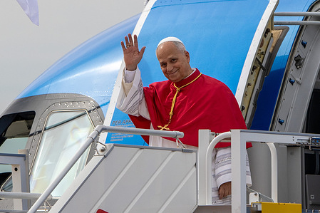 Pope Leo XIV upon his arrival in Madrid, Spain, at Adolfo Suárez Madrid-Barajas Airport.