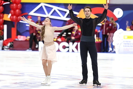 Vasilisa Kaganovskaia and Maxim Nekrasov seen during the performance of the free dance in ice dancing in figure skating during the Channel One Figure Skating Cup 2026 at the Yubileyny Sports Palace.