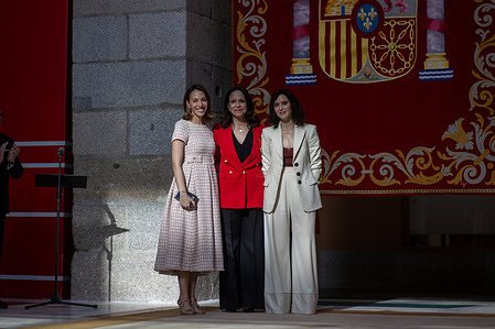The Venezuelan opposition leader and 2025 Nobel Peace Prize laureate, María Corina Machado (C), Carolina González López (L) representing her father, Edmundo González, and the President of the Community of Madrid, Isabel Díaz Ayuso (R), are seen during an awards ceremony in the Community of Madrid.The President of the Community of Madrid, Isabel Díaz Ayuso, presented the Gold Medal of the Regional Administration to Nobel Peace Prize laureate María Corina Machado and the International Medal to Venezuelan President-elect Edmundo González at the Royal Post Office, the seat of the regional government.