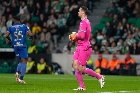 Ibrahima Ba of FC Famalicao (L) and Lazar Carevic of FC Famalicao (R) in action during the Liga Portugal Betclic football match between Sporting CP and FC Famalicao at Estadio Jose Alvalade. Final score: Sporting CP 1:0 FC Famalicao