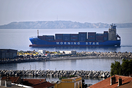 A view of the container ship Cachalot as it arrives at the French Mediterranean port.