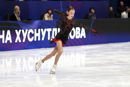 Dina Khusnutdinova seen during the performance of the women's free skating program during the Channel One Figure Skating Cup 2026 at the Yubileyny Sports Palace.
