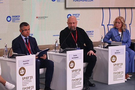 Alexander Ruppel (L), Gosha Kutsenko (C), Irina Makieva (R), attends a session on Developing an Inclusive Community: Tripartite Dialogue on the Role of Inclusion in the Development of Russia's Human Potential in the framework of the St. Petersburg International Economic Forum 2023 (SPIEF 2023).