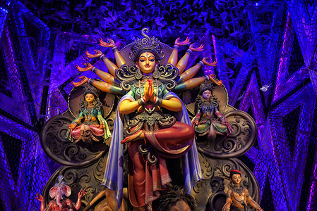 Pandal (Temporary place for Worship) decorated with creative concepts of celebration during the festival.
Durgapuja is the biggest Hindu festival celebrated in Kolkata and runs for 9 days. Durga is a description for the power of the goddess in Hindu Mythology.