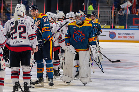 Andrei Kareyev (1), Nikita Popugayev (81) of Shanghai Dragons Hockey Club seen in action during the Hockey match, Kontinental Hockey League 2025/2026 between Shanghai Dragons China and Neftekhimik Nizhnekamsk at the SKA Arena. (Final score; Shanghai Dragons 3:4 Neftekhimik Nizhnekamsk).