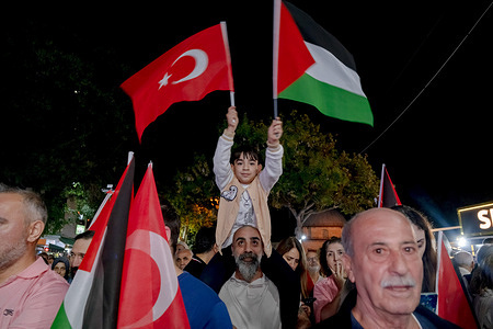 A child waves the Palestinian flag and the Turkish flag. The Republican People's Party (CHP) held a rally in support of Palestine. Various political parties and civil society groups joined the rally to protest and raise awareness about the genocide in Gaza.