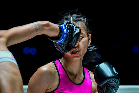 Facial condition of Anna “Supergirl” Jaroonsak of Thailand after being punched by Lara Fernandez of Spain during the One fight night 13 at Lumpinee Boxing Stadium.