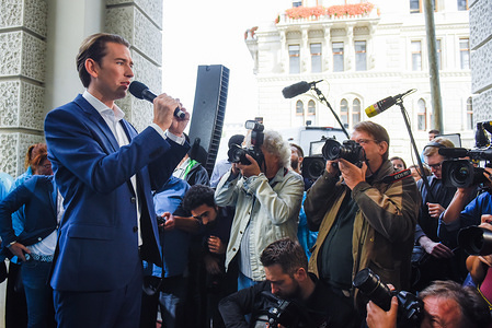 Austrian People's Party leader, Sebastian Kurz speaks during a campaign event ahead of Sunday's snap parliamentary elections.
On September 29, 2019 parliamentary elections will take place as a result of a hidden-camera footage where OeVP's coalition partner, the far-right Freedom Party (FPOe) was caught up in a corruption scandal and brought the government down.
