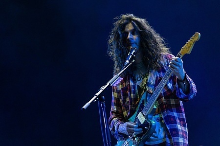 Kurt Vile, singer and guitarist of the American indie rock band Kurt Vile & The Violators, performs on the main stage during the Vodafone Paredes de Coura.