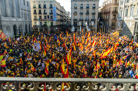 General view of the multitude of Spanish unionists, concentrated in the Sant Jaume Steet. Spain celebrates today the 39 anniversary of its Constitution. This year, the celebration coincides with the electoral campaign for the regional elections in Catalonia. So, with the debate on independence as a centerpiece of the election campaign, contrary to the Catalan independence constitutional block went on street to reaffirm Spanish Unity.