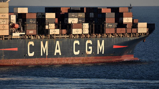 The container ship Voltaire of the company CMA CGM leaves the French Mediterranean port of Marseille.