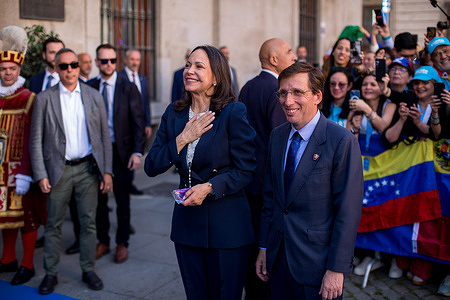 Maria Corina Machado, leader of the Venezuelan opposition and Nobel Peace Prize laureate, alongside Jose Luis Martinez-Almeida, mayor of Madrid, after receiving the Golden Key of Madrid during her visit to Spain.
