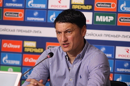 Vladimir Ivic, head coach of Krasnodar seen in action at a press conference after the football match of the Russian Premier Leagueh between Zenit Saint Petersburg and Krasnodar at Gazprom Arena. Final score; Zenit 1:1 Krasnodar.
