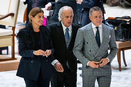Lapo Elkann with his wife Joana Lemos and João Mascarenhas de Lemos attend Pope Leo XIV's Wednesday General Audience in Paul VI Audience Hall in Vatican City.