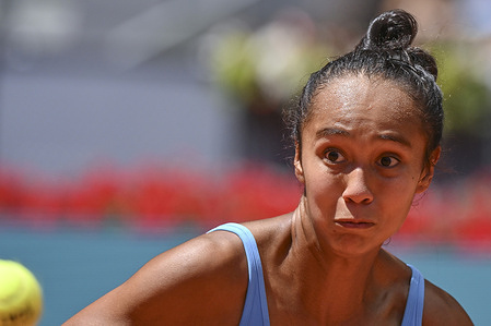 Leylah Fernandez of Canada plays against Mirra Andreeva (not in view) during the Women's Singles Quarter Finals match on Day Nine during the Mutua Madrid Open 2026 tournament at La Caja Magica. Victory of Mirra Andreeva 7-6,6-3
