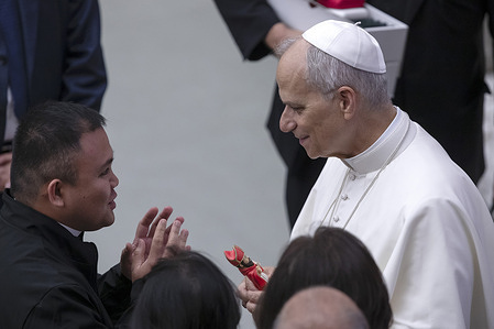 Pope Leo XIV greets a faithful during his weekly general audience in the Paul VI hall at the Vatican. Due to the high temperature, the audience was held partly in the Paul VI Hall and partly in St. Peter's Basilica.