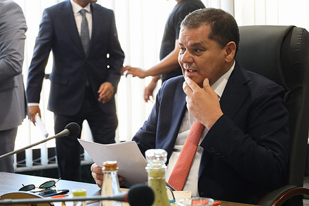 Libyan Prime Minister, Abdel Hamid Dabaiba attends the meeting of the General Assembly of the Libyan Iron and Steel Company in Misrata.