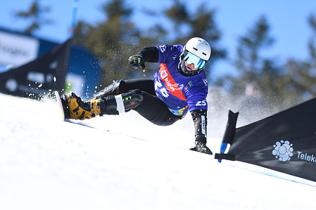 Igor Sluev of Russia in action during the first qualifying round of Parallel Giant Slalom at FIS Snowboard Alpine World Championship - Rogla 2021.