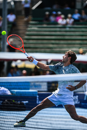 Flavio Cobolli (ITA) is seen in action during the tennis match with Li Tu (AUS) not in view at Kooyong Classic Tennis Tournament. Cobolli won in straight sets with a score 6-3 7-6(4)